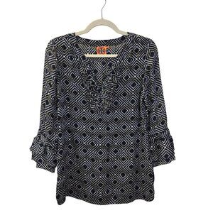 Tory Burch Gwenna Silk Blend Normandy Blue Print Tunic Blouse Size Small